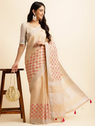 Indyancart GR Women's CT Beige Cotton Linen Silk Embroidered Saree
