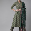 Indyancart IE Women Green Printed Regular Kurta with Trousers & Dupatta