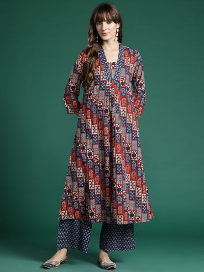 Indyancart IE Ethnic Motifs Printed Pleated Sequinned Pure Cotton Kurta with Palazzos