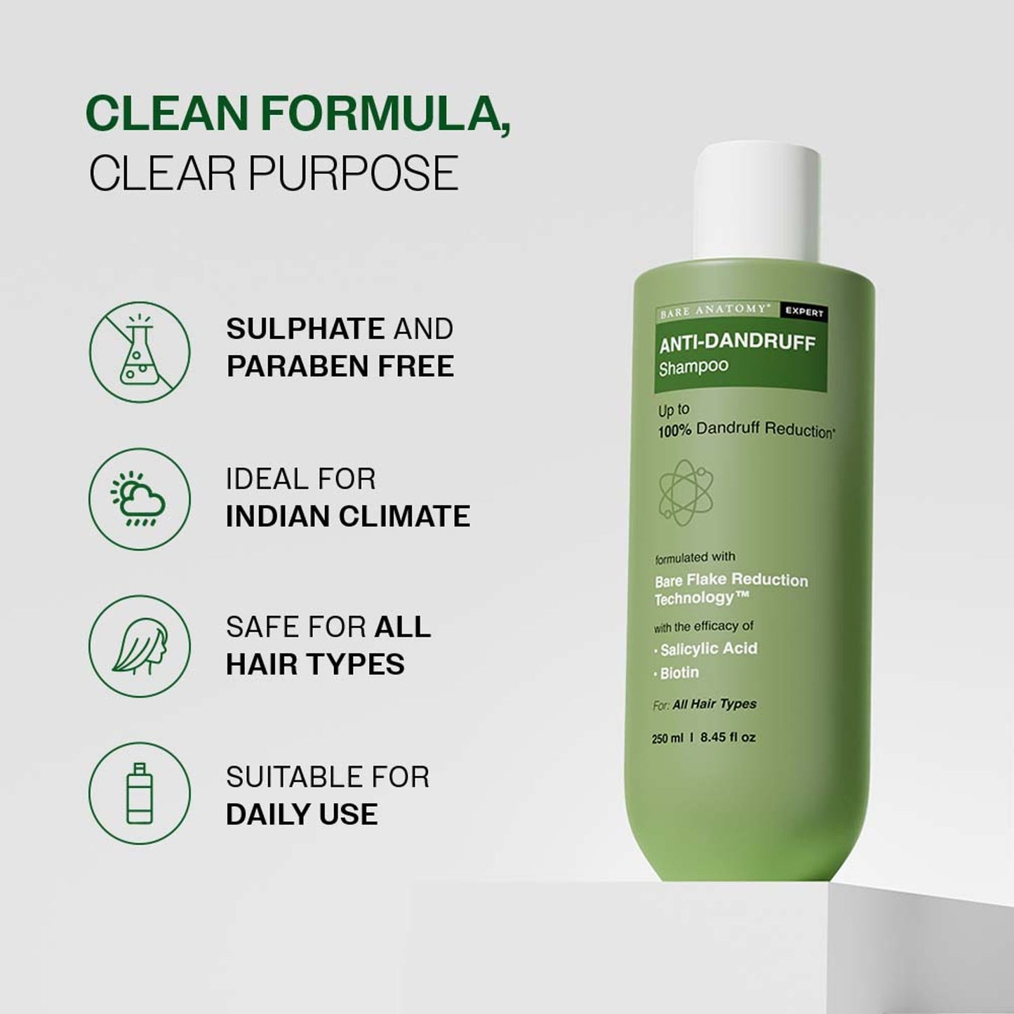 Bare Anatomy Anti-Dandruff Shampoo with Salicylic Acid, Piroctone Olamine, Biotin & Menthol