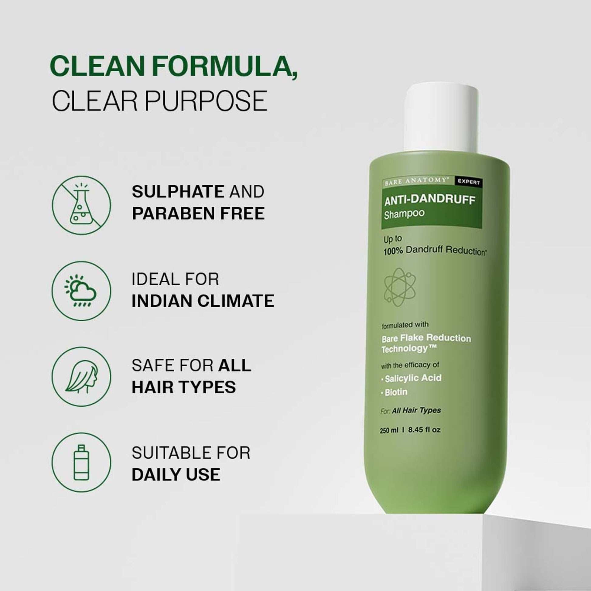Bare Anatomy Anti-Dandruff Shampoo with Salicylic Acid, Piroctone Olamine, Biotin & Menthol