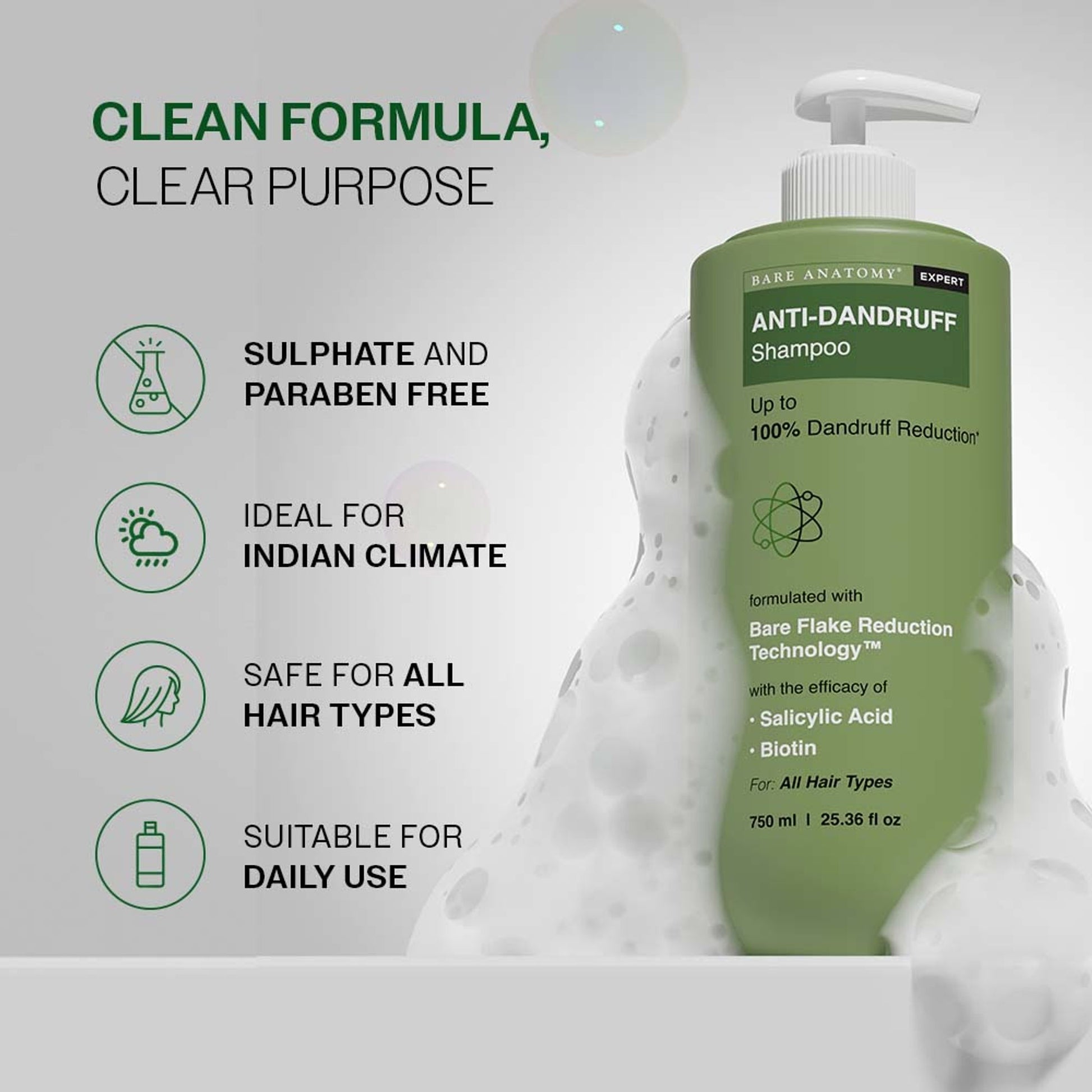 Bare Anatomy Anti-Dandruff Shampoo with Salicylic Acid, Piroctone Olamine, Biotin & Menthol