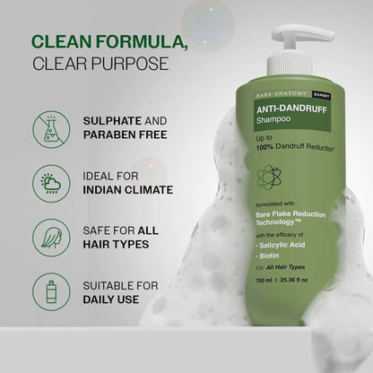 Bare Anatomy Anti-Dandruff Shampoo with Salicylic Acid, Piroctone Olamine, Biotin & Menthol