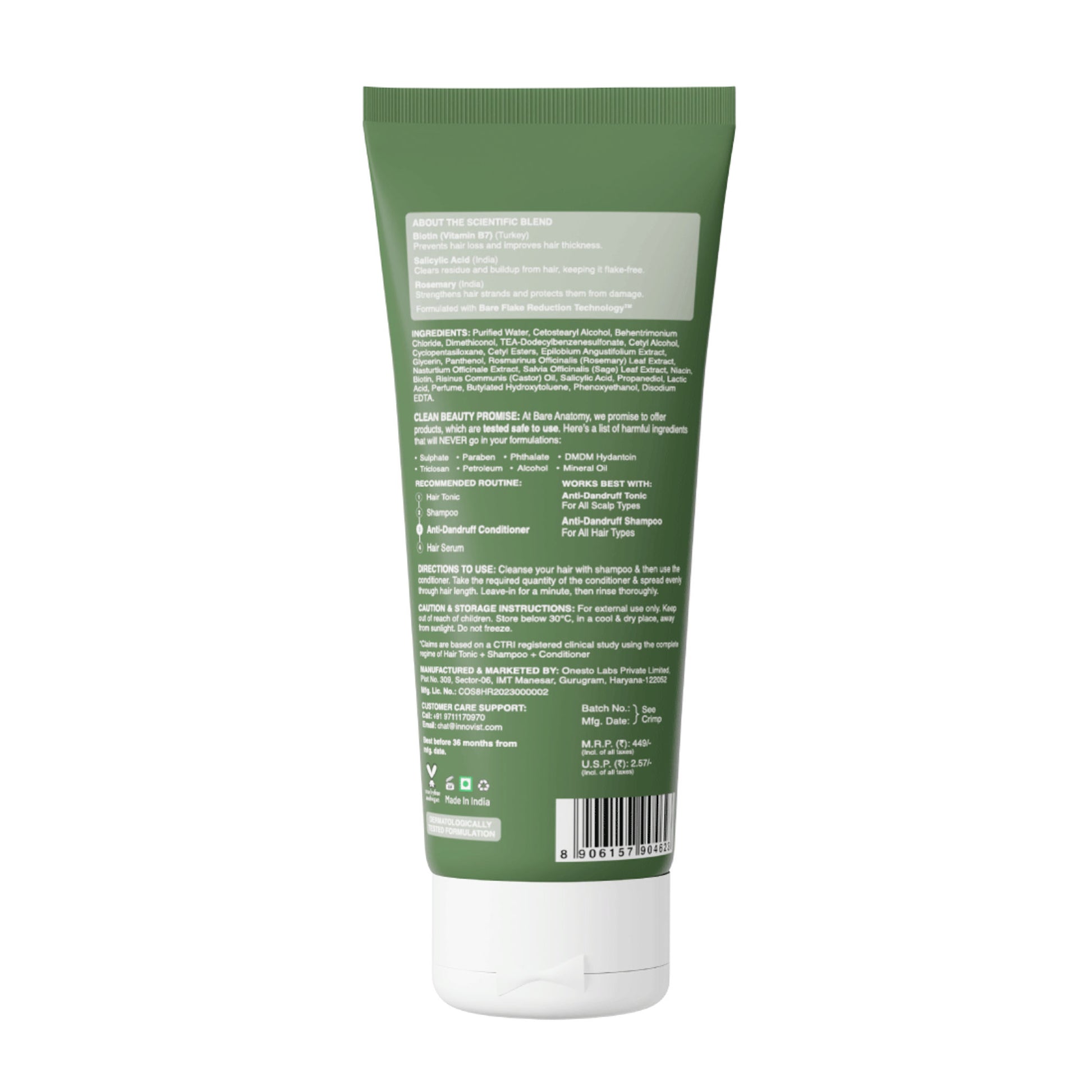 Bare Anatomy Anti-Dandruff Conditioner with Rosemary & Biotin, Moisturizes & Reduces Frizz