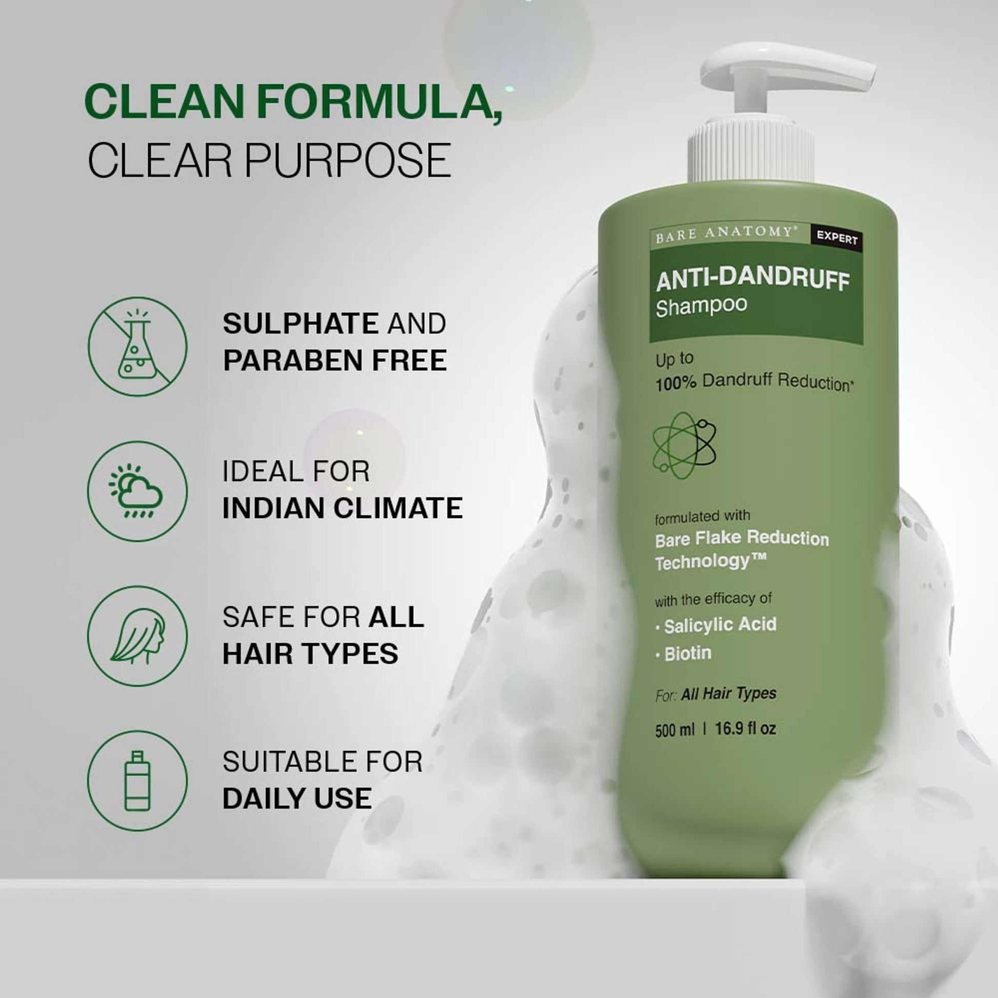 Bare Anatomy Anti-Dandruff Shampoo with Salicylic Acid, Piroctone Olamine, Biotin & Menthol