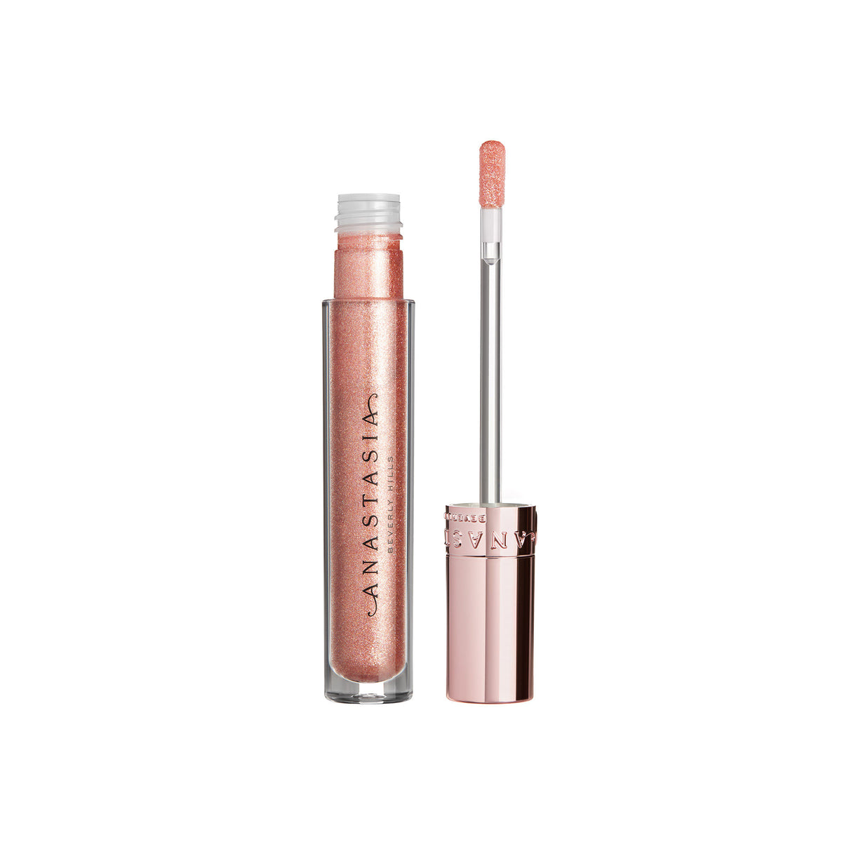 Anastasia Beverly Hills Amber Sparkle lip gloss tube with shimmering, sparkling finish and clear applicator wand.