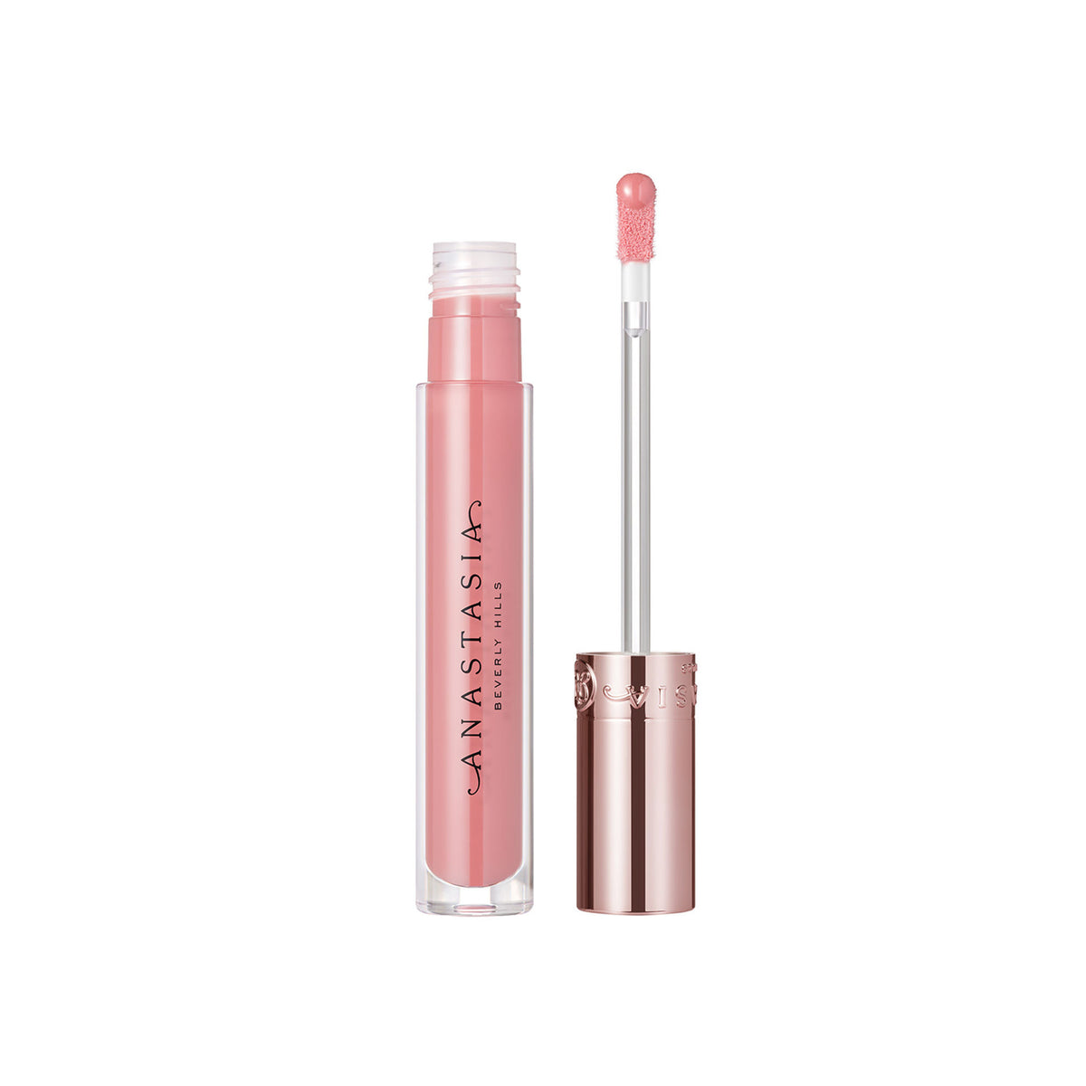 Anastasia Beverly Hills Sunbaked lip gloss tube with clear packaging and gold cap, showcasing the glossy finish and warm nude color.