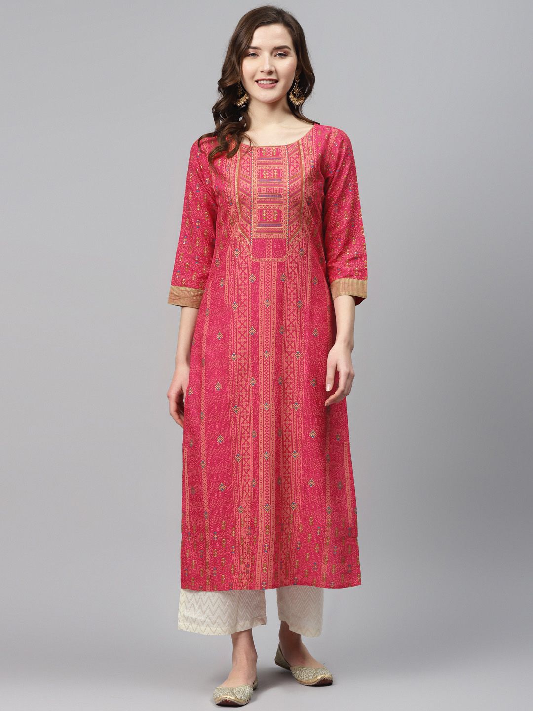 Indyancart IE Women Pink & Peach-Coloured Foil Print Straight Kurta