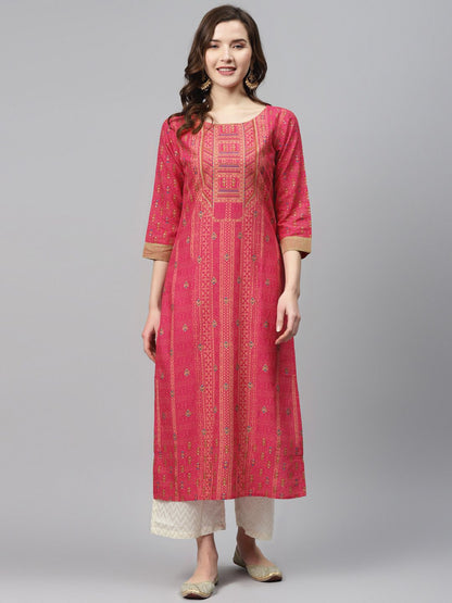Indyancart IE Women Pink & Peach-Coloured Foil Print Straight Kurta