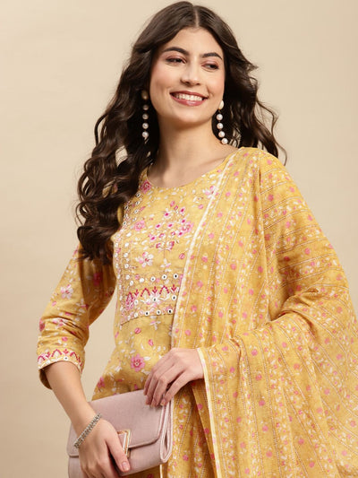 Indyancart SN Women's Yellow & Pink Floral Printed Pure-Cotton Straight Kurta With Trouser & Dupatta