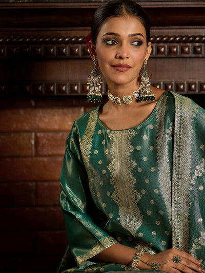 Indyancart IE Ethnic Motifs Woven Design Zari Straight Kurta With Trousers & Dupatta