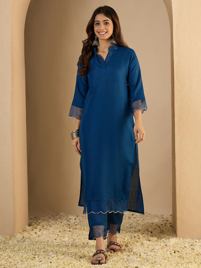 Indyancart VV N-blue Women Cotton Blend Kurta Pant Set