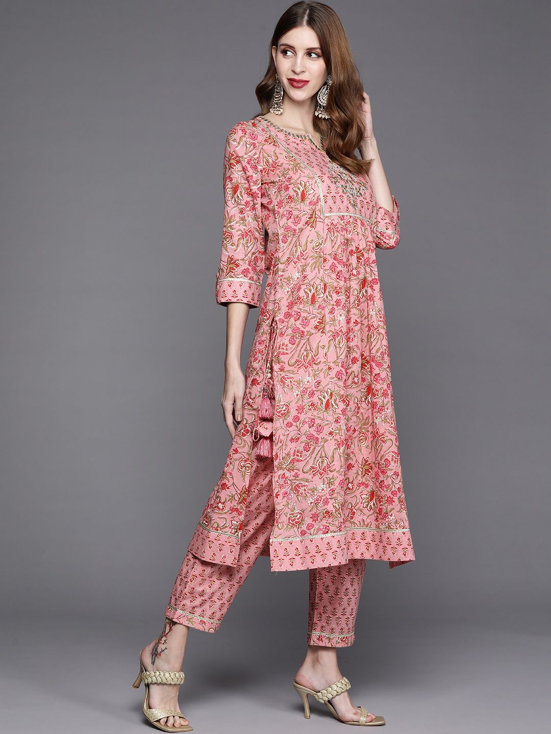 Dhiyona VA Women's Pink Printed Gotta Patti Pure Cotton Kurta with Trousers & Dupatta