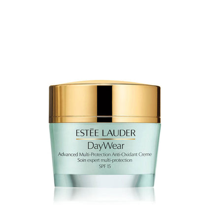 Estee Lauder DayWear Multi Protection Anti-Oxidant Creme SPF15 for normal and combination skin, shown in a jar with a white lid.