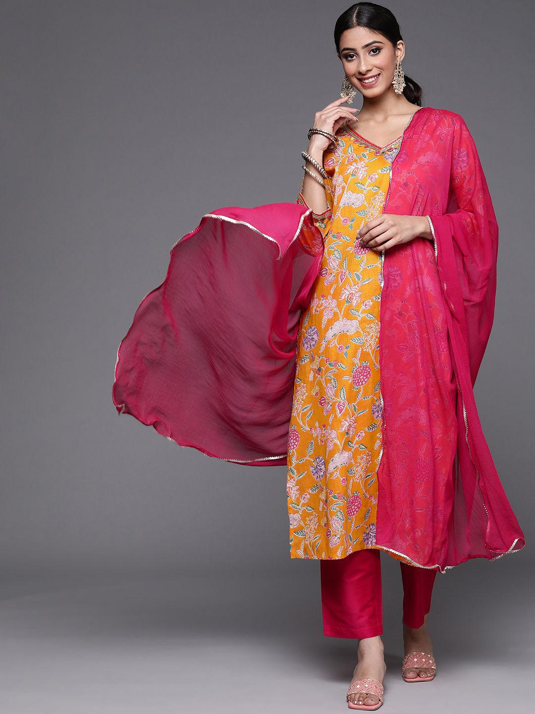 Indyancart VA Women's Mustard Yellow Ethnic Motifs Printed Kurta with Trousers & Dupatta