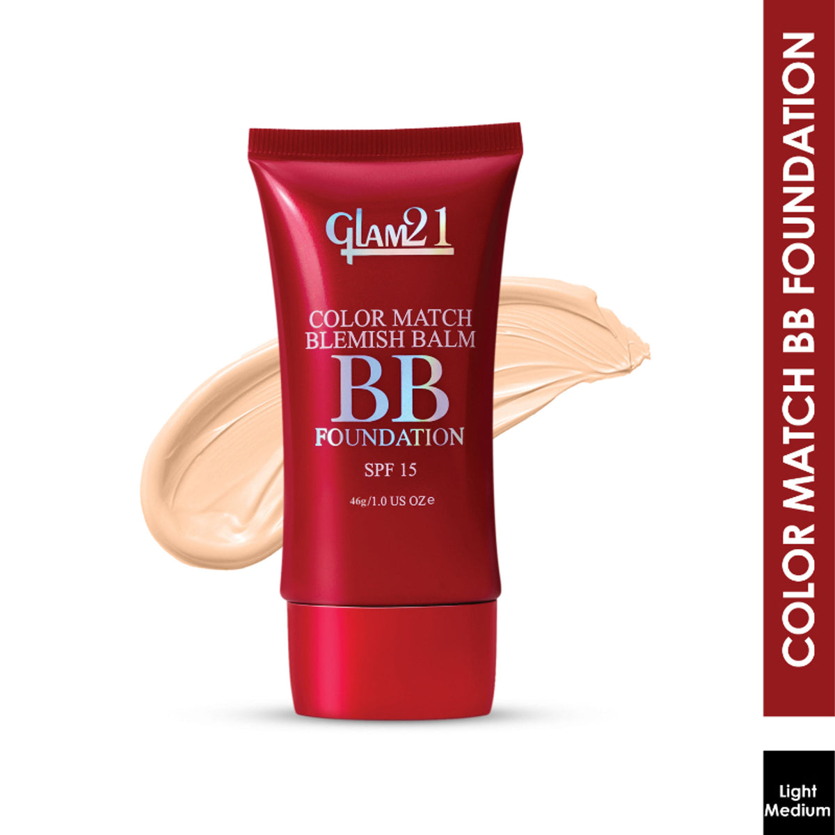 GLAM21 Color Match BB Foundation SPF15 in shade 03 Light Medium, creamy face makeup with smooth texture and natural finish.