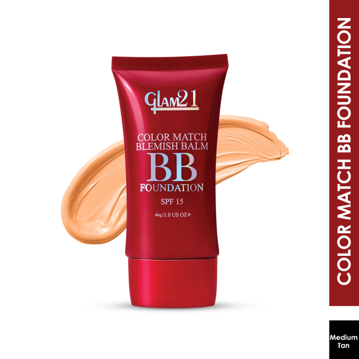 GLAM21 Color Match BB Foundation with SPF15 in shade 05 Medium Tan, creamy beige face makeup, close-up of product tube.