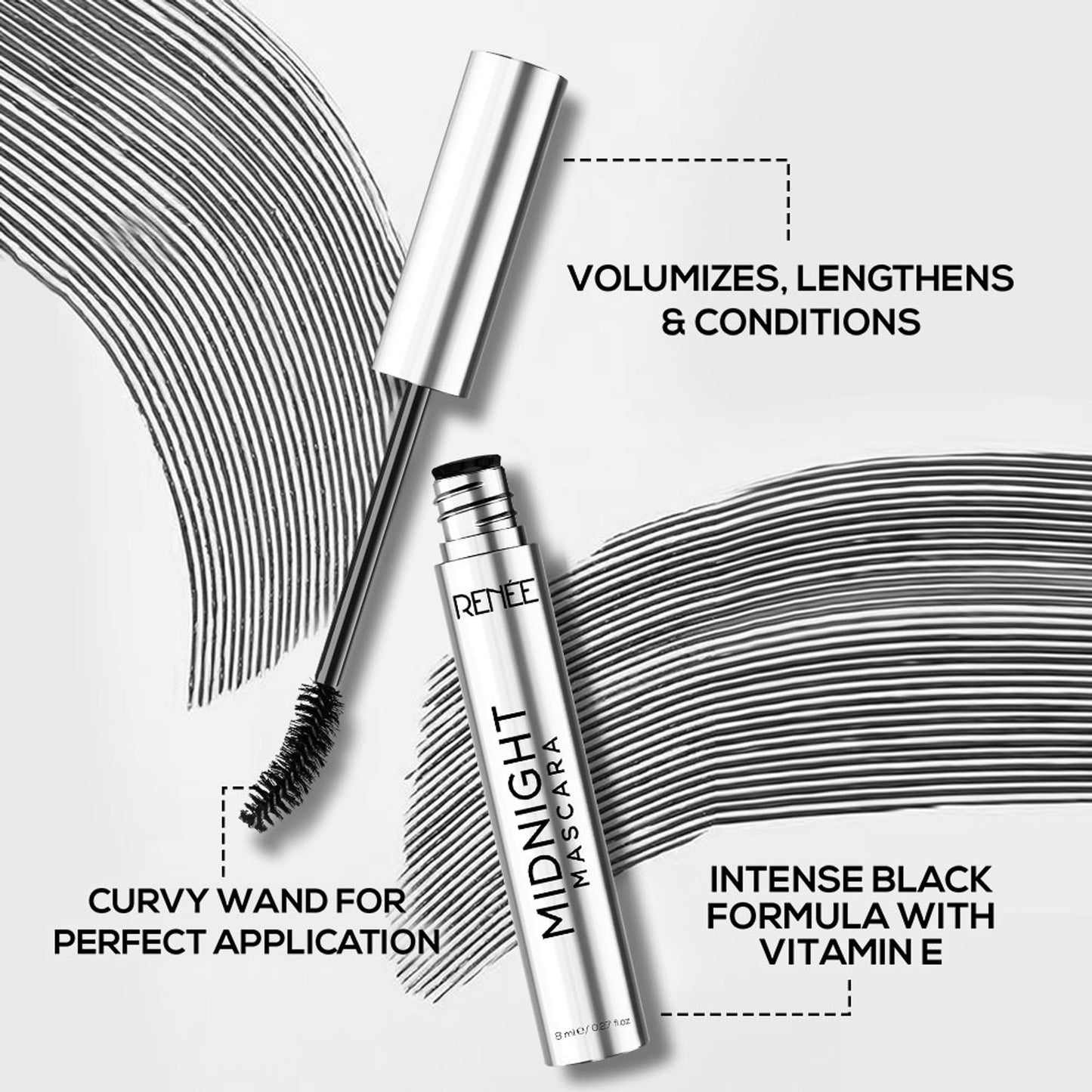 RENEE Midnight Mascara, Darkest Black, Clump - Free & Long-Lasting, Volumizes, Lengthens & Nourishes