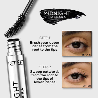 RENEE Midnight Mascara, Darkest Black, Clump - Free & Long-Lasting, Volumizes, Lengthens & Nourishes