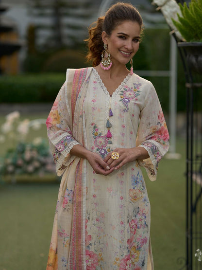 Women Floral Embroidered Linen Kurta with Trousers & Dupatta