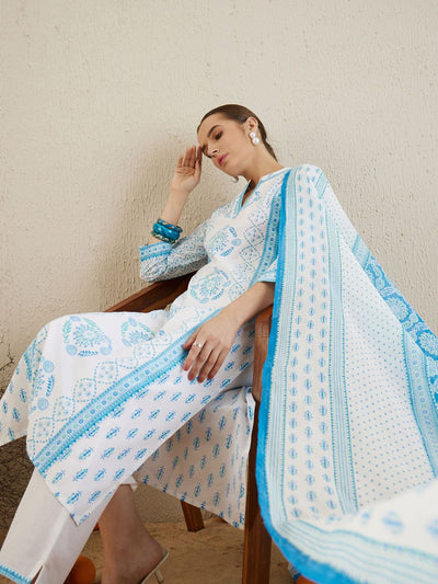 Indyancart IE Ethnic Motifs Printed Regular Pure Cotton Kurta with Trousers & Dupatta