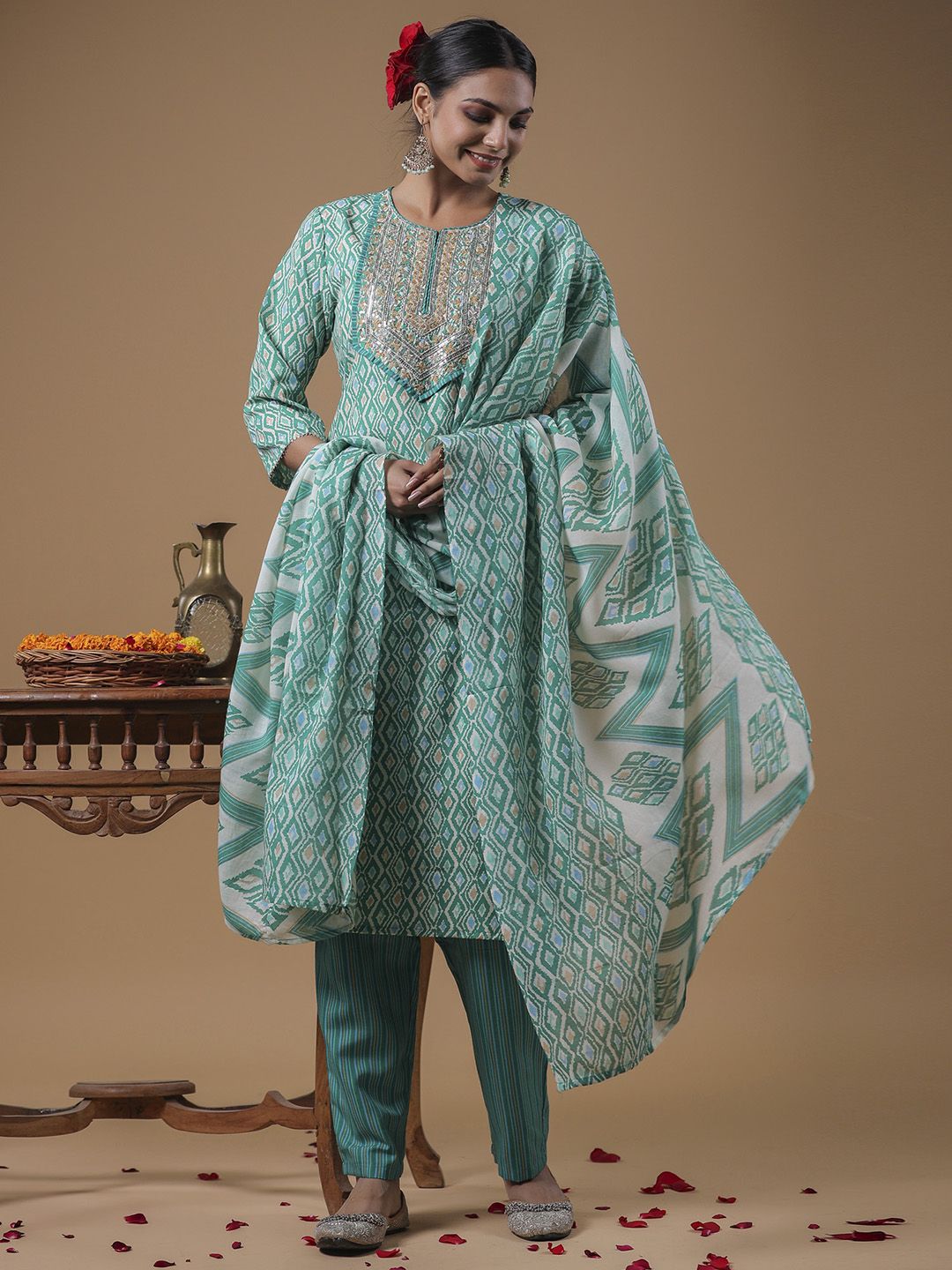 Indyancart IE Women Embroidered Sequinned Pure Cotton Kurta with Trousers & With Dupatta