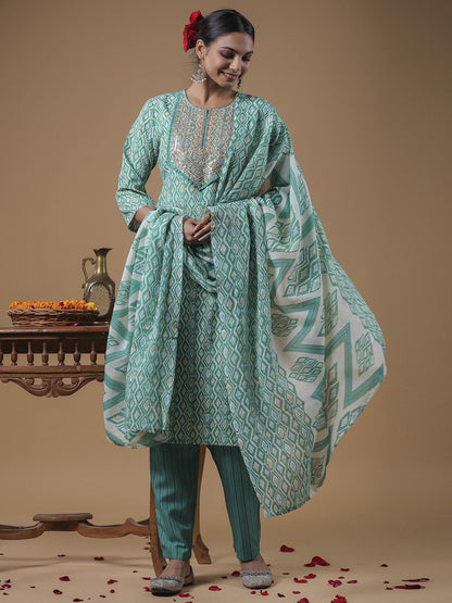 Indyancart IE Women Embroidered Sequinned Pure Cotton Kurta with Trousers & With Dupatta