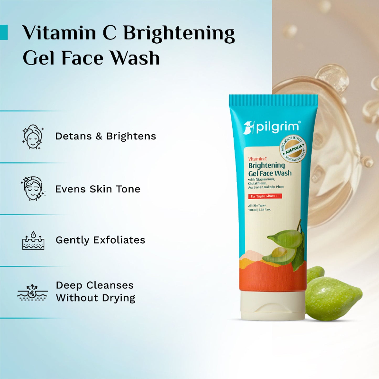 Pilgrim 10% Vitamin C Brightening Gel Face Wash Triple Glow+++ with 5% Niacinamide For Dark Spots