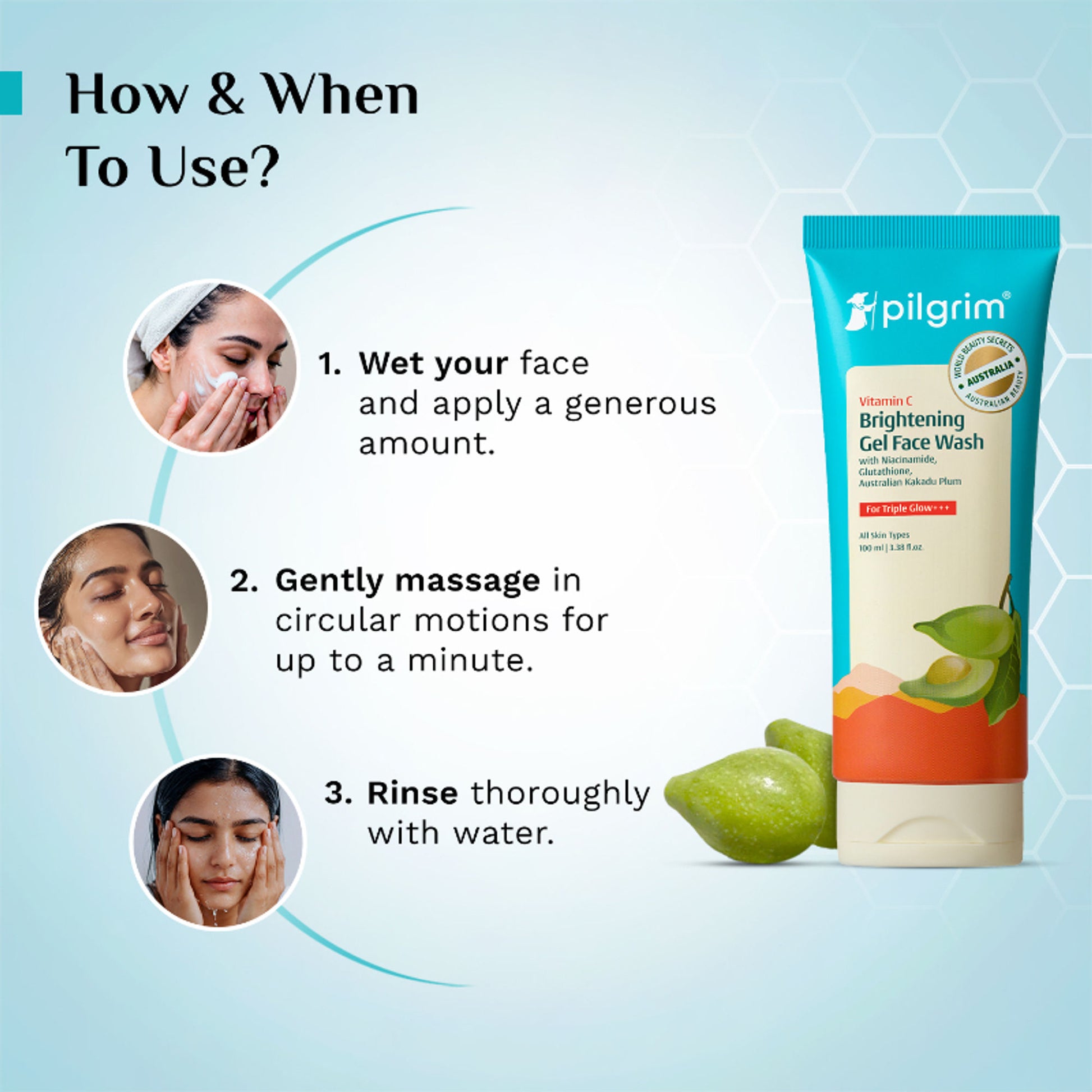 Pilgrim 10% Vitamin C Brightening Gel Face Wash Triple Glow+++ with 5% Niacinamide For Dark Spots