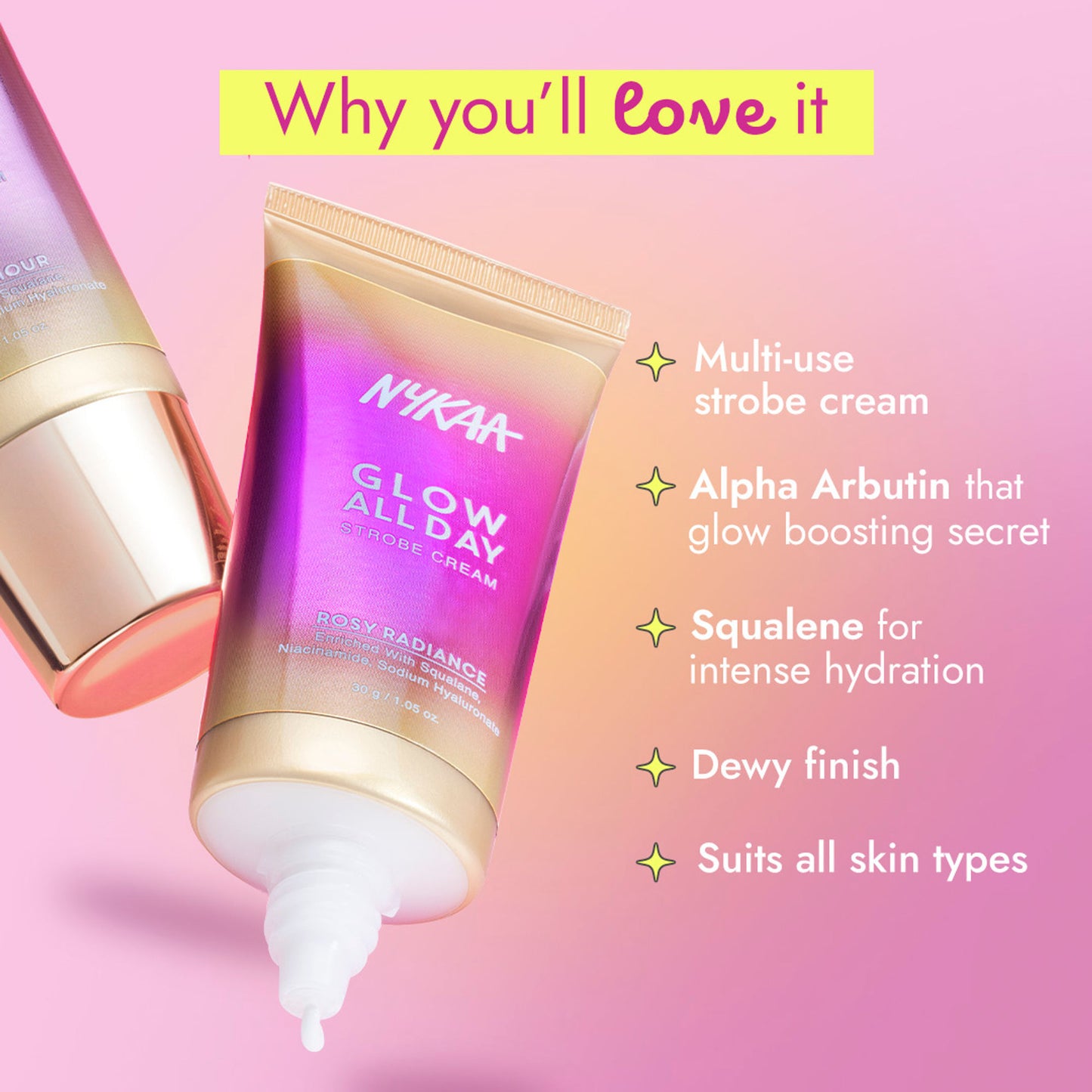 Nykaa Glow All Day Illuminating Strobe Cream + Moisturising Primer + Highlighter - Rosy Radiance