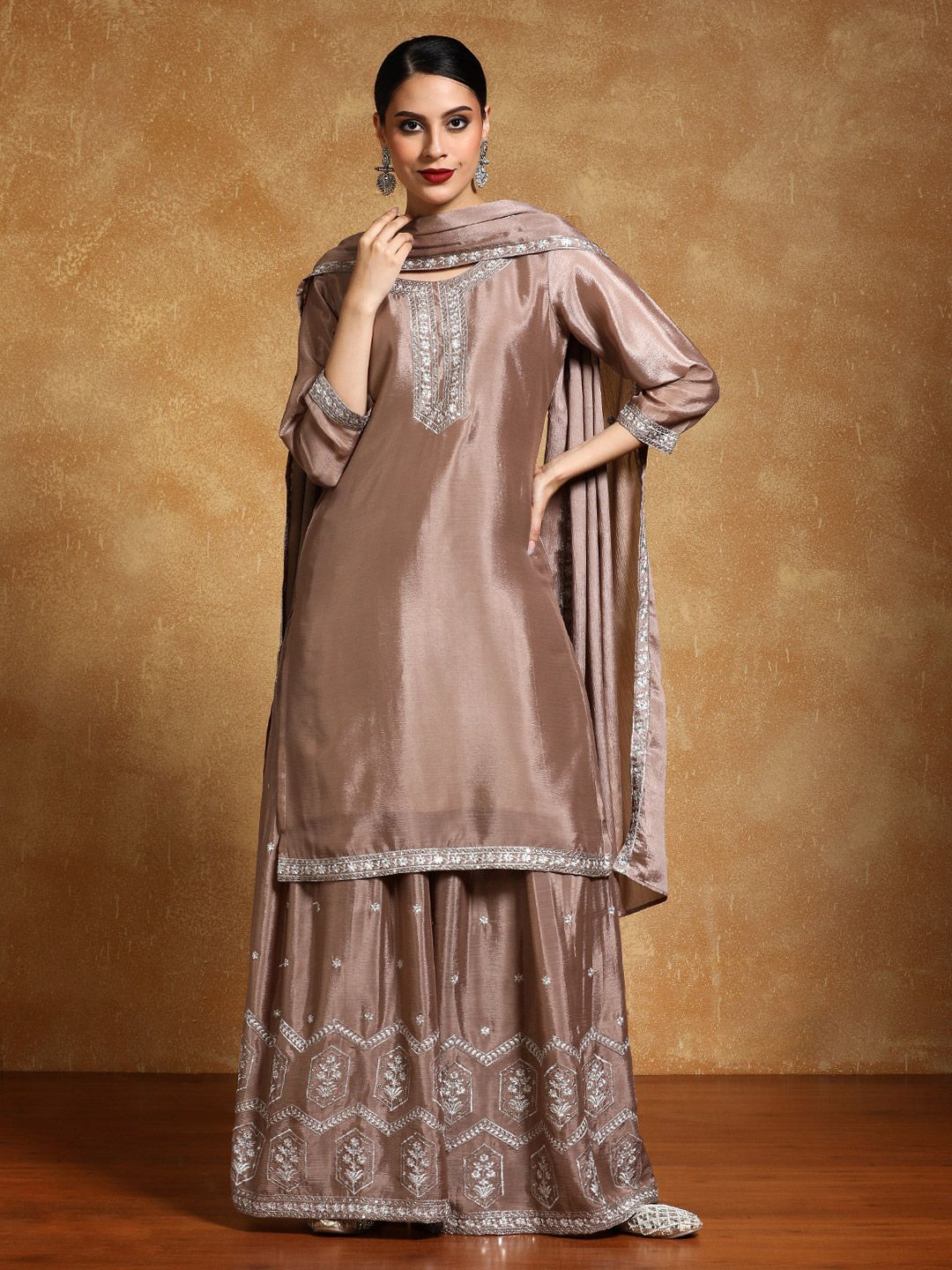 Indyancart VA Floral Yoke Design Zari Straight Kurta With Sharara And Dupatta