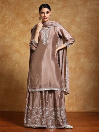 Indyancart VA Floral Yoke Design Zari Straight Kurta With Sharara And Dupatta