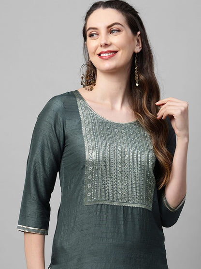 Indyancart IE Women Charcoal Grey Ethnic Motifs Yoke Design Straight Kurta