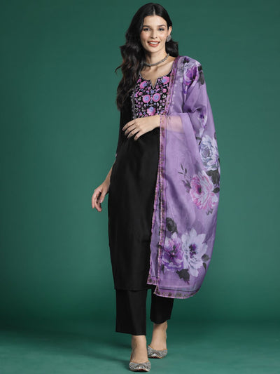 Indyancart IE Floral Embroidered Regular Sequinned Liva Kurta With Trousers & Dupatta