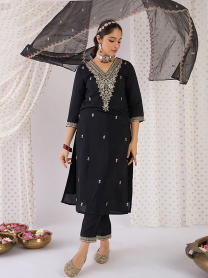 Indyancart IE Floral Embroidered V-Neck Zari Straight Kurta With Trouser And Dupatta