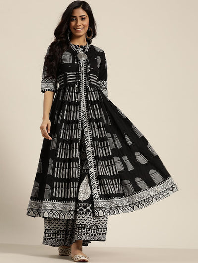 Indyancart SN Women's Black & White Ethnic Motifs Printed Pure Cotton Kurta with Sharara