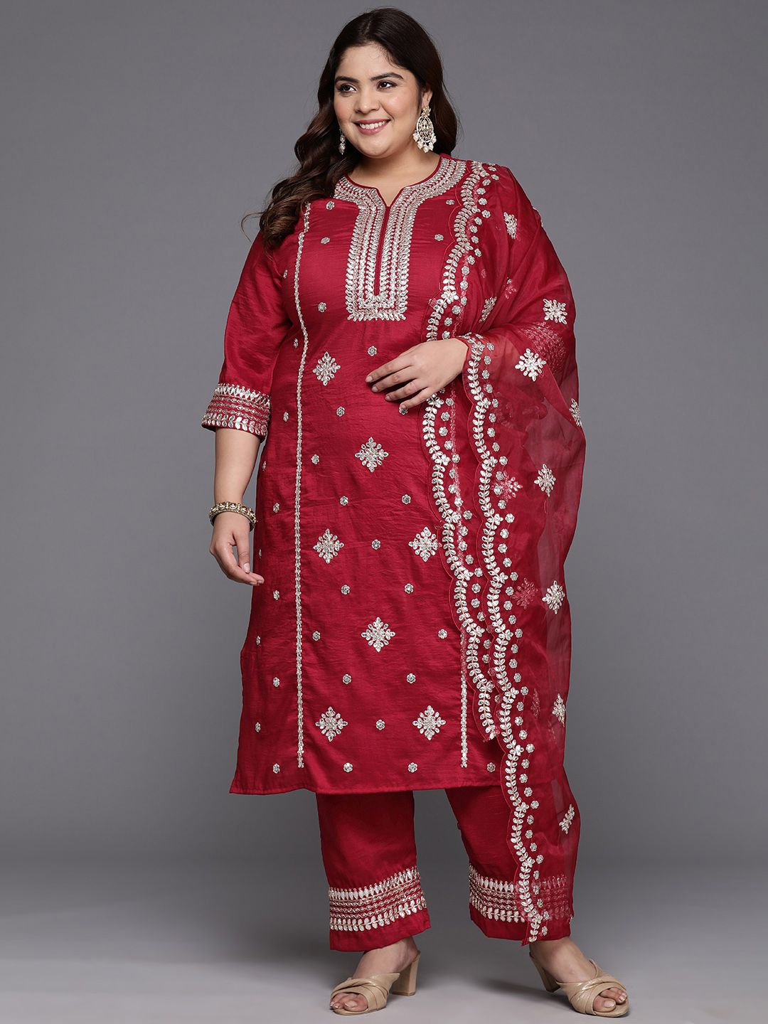Indyancart Women's Plus Size Ethnic Motifs Embroidered Gotta Patti Kurta with Trousers & Dupatta