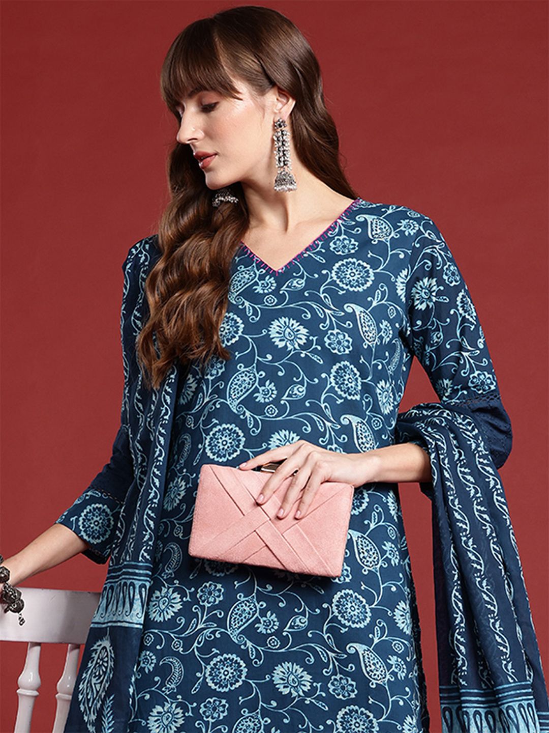 Paisley Printed Thread Work Pure Cotton Kurta With Trousers & Dupatta
