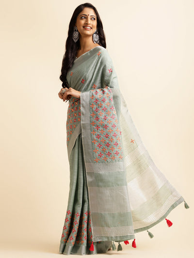 Indyancart GR Women's CT Sea Green Cotton Linen Silk Embroidered Saree
