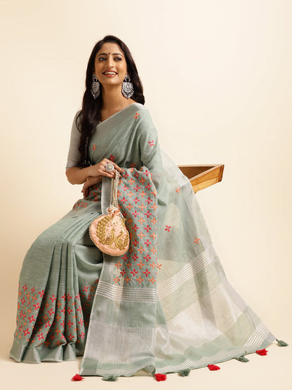 Dhiyona GR Women's CT Sea Green Cotton Linen Silk Embroidered Saree
