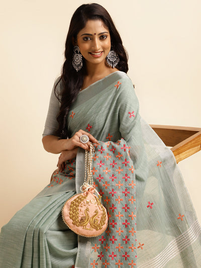 Indyancart GR Women's CT Sea Green Cotton Linen Silk Embroidered Saree