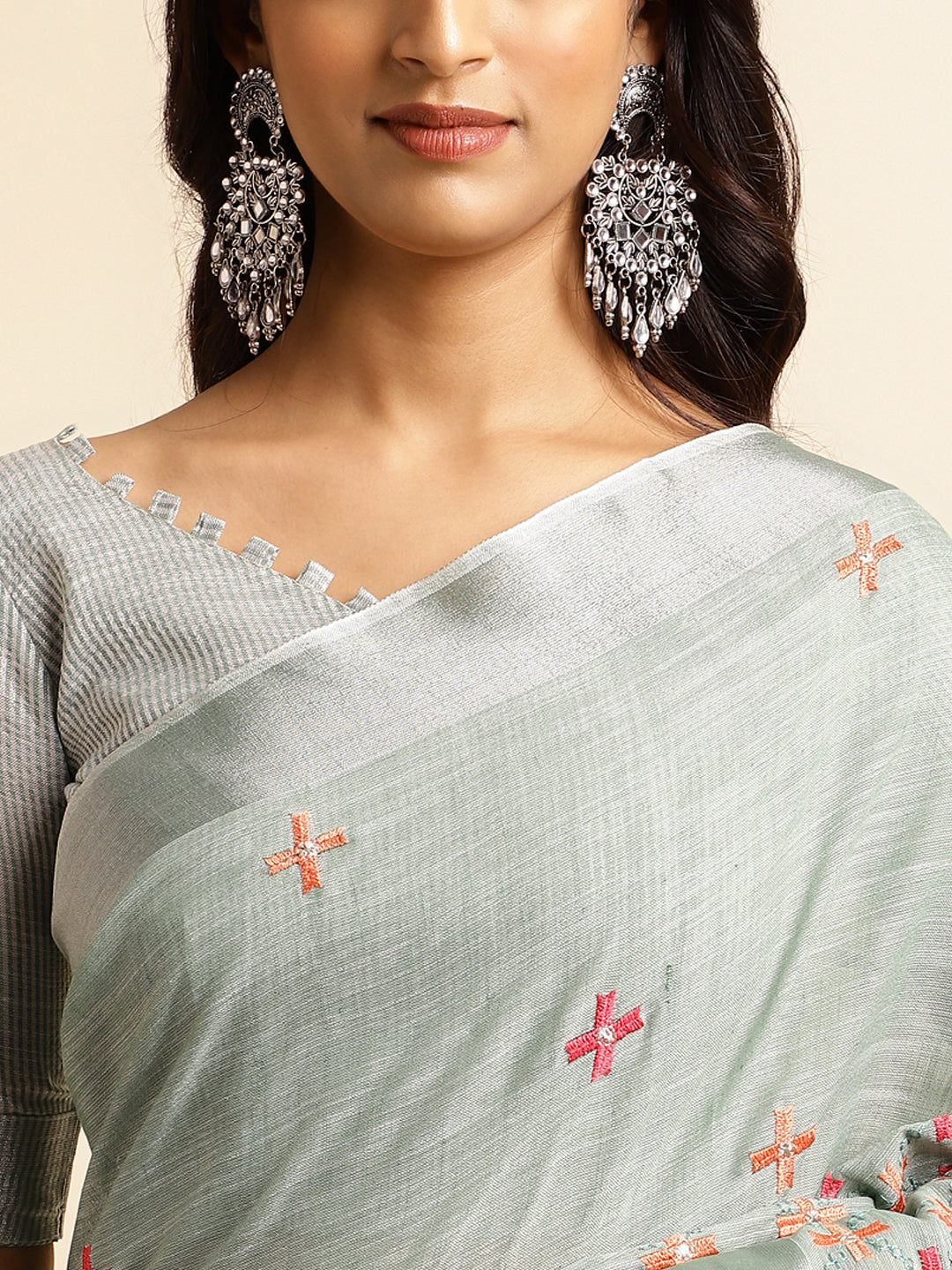 Dhiyona GR Women's CT Sea Green Cotton Linen Silk Embroidered Saree