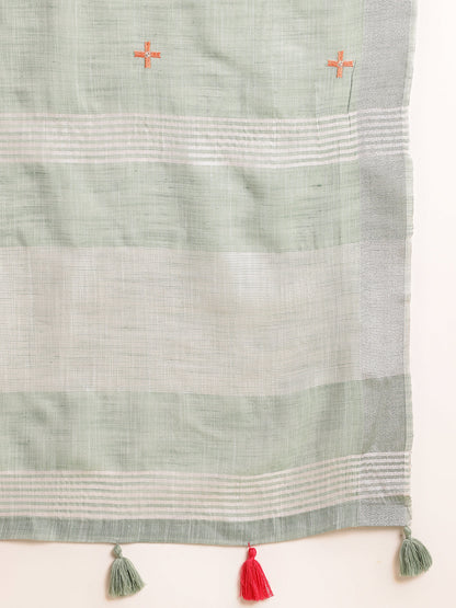 Dhiyona GR Women's CT Sea Green Cotton Linen Silk Embroidered Saree