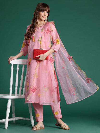 Floral Embroidered Sequinned Kurta with Trousers & Dupatta
