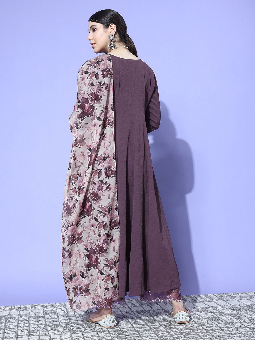 Indyancart VA Women's Panelled Silk Crepe Kurta with Trousers & With Dupatta