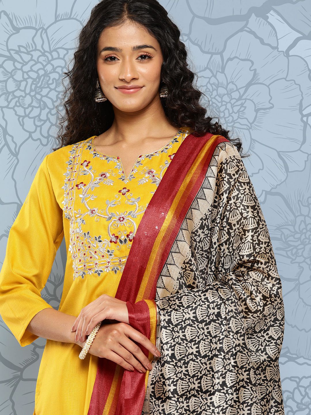 Indyancart VA Women's Floral Embroidered Regular Gotta Patti Kurta with Trousers & With Dupatta
