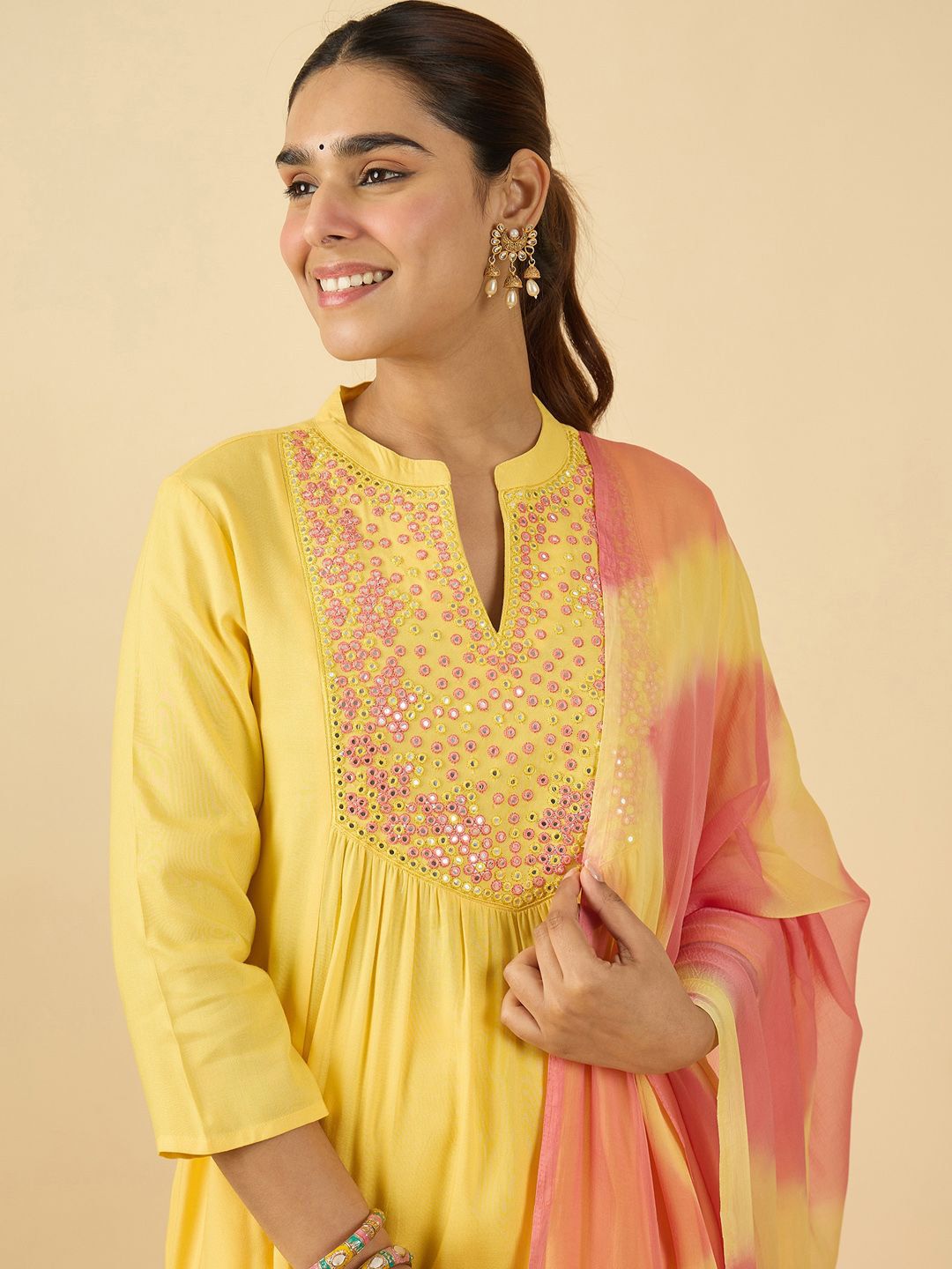 Women Embroidered Mirror Work Pure Cotton Kurta with Trousers & With Dupatta