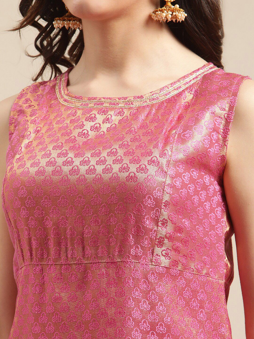 Indyancart VA Women'sPink & Gold-Colored Brocade Sleeveless Kurta Sharara With Sequins Ruffle Dupatta