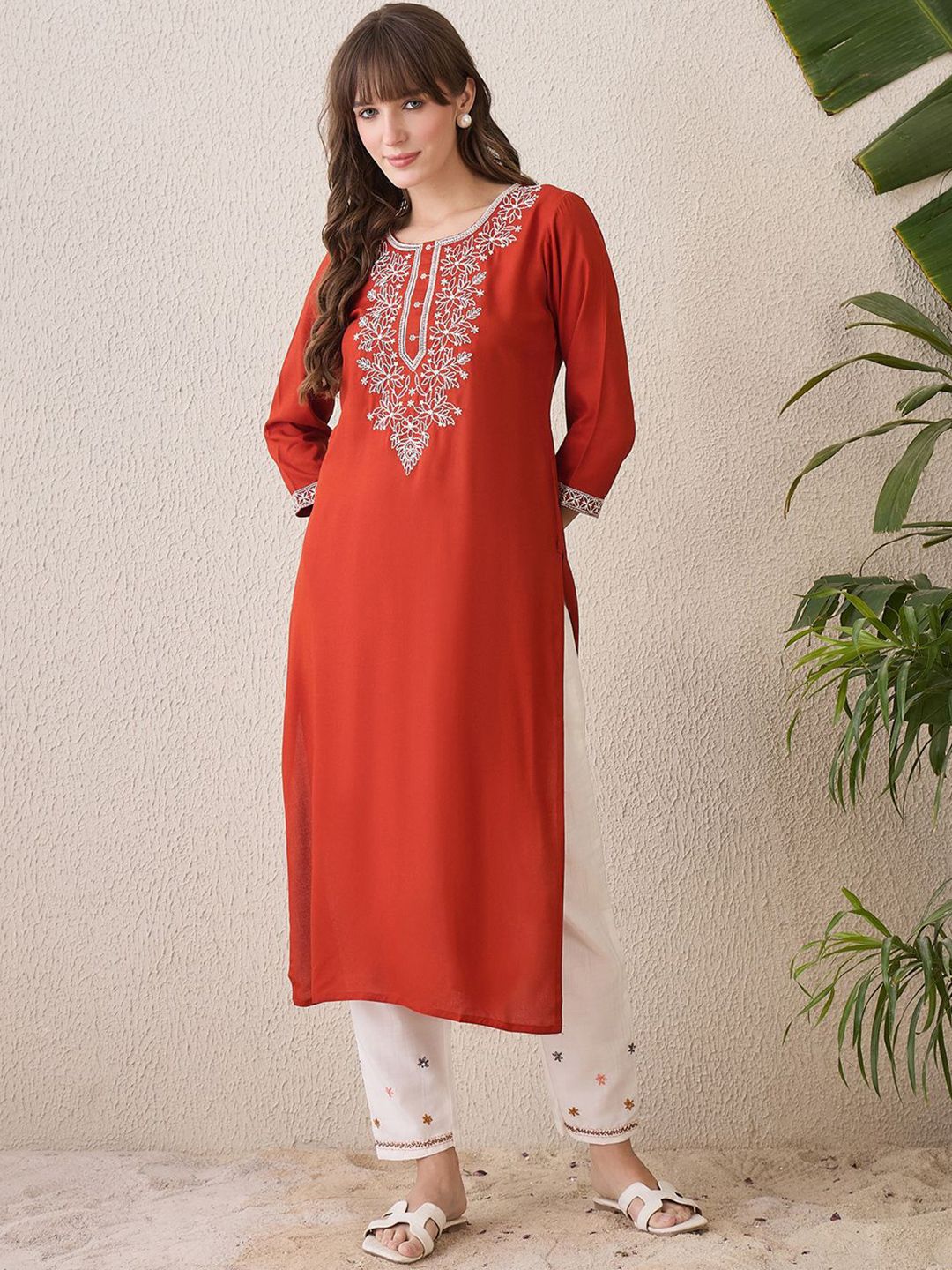 Indyancart IE Floral Yoke Design Thread Work Cotton Straight Kurta