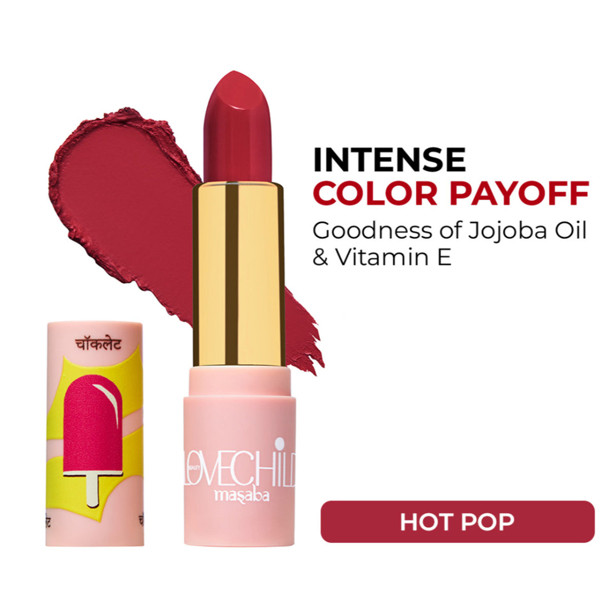 LoveChild Masaba Luxe-matte lipstick in shade 07 Hot-pop, featuring a vibrant, creamy lipstick bullet with a sleek black casing.